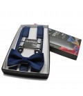 navy blue suspenders with white dots and bow tie