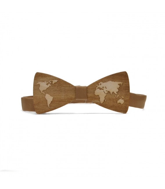 wooden bow tie map of the world