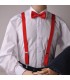 black suspenders with white stripes and bow tie
